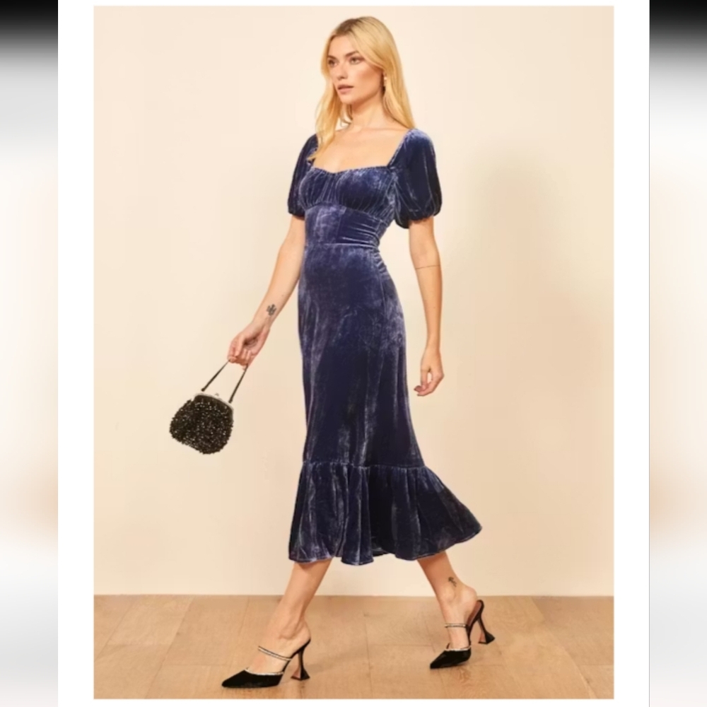 Reformation Suzanne Velvet Dress, Danube Blue